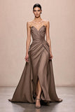 Coffee Satin A Line Ruched Sweetheart Long Formal Dress
