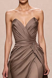 Coffee Satin A Line Ruched Sweetheart Long Formal Dress