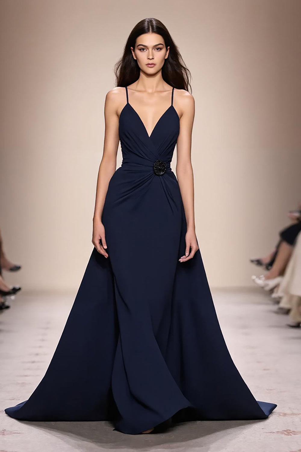 Dark Blue A Line Ruched Spaghetti Straps Long Formal Dress