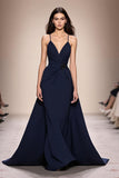 Dark Blue A Line Ruched Spaghetti Straps Long Formal Dress