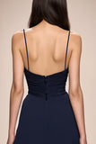 Dark Blue A Line Ruched Spaghetti Straps Long Formal Dress