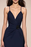 Dark Blue A Line Ruched Spaghetti Straps Long Formal Dress