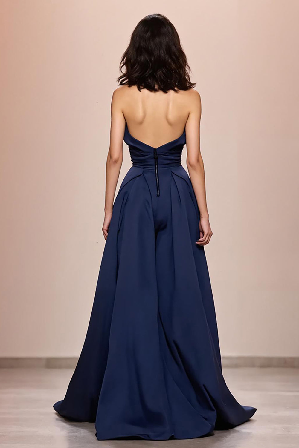 Dark Blue A Line Satin Strapless Long Formal Dress