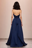 Dark Blue A Line Satin Strapless Long Formal Dress