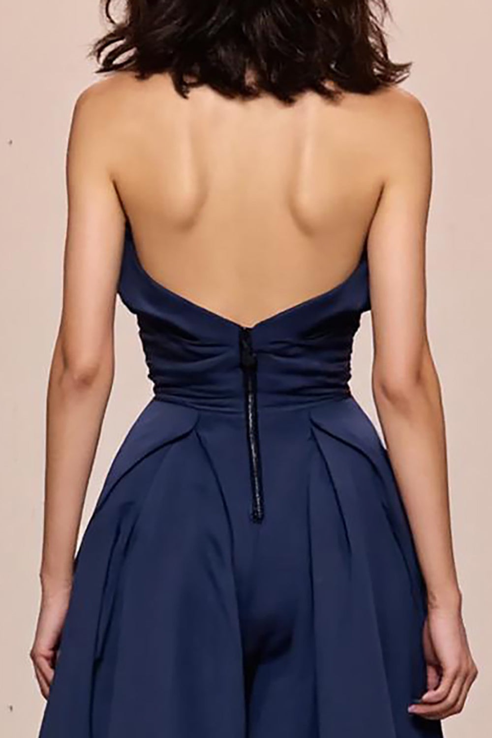 Dark Blue A Line Satin Strapless Long Formal Dress