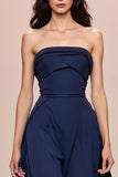 Dark Blue A Line Satin Strapless Long Formal Dress