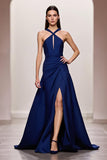 Dark Blue A Line Satin Halter Ruched Long Formal Dress with Slit