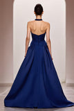 Dark Blue A Line Satin Halter Ruched Long Formal Dress with Slit