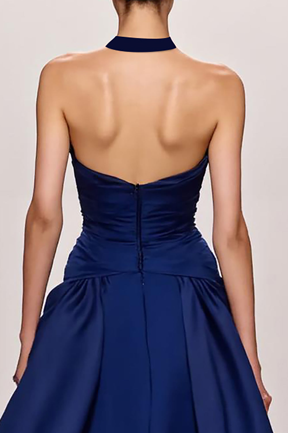 Dark Blue A Line Satin Halter Ruched Long Formal Dress with Slit