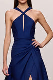 Dark Blue A Line Satin Halter Ruched Long Formal Dress with Slit