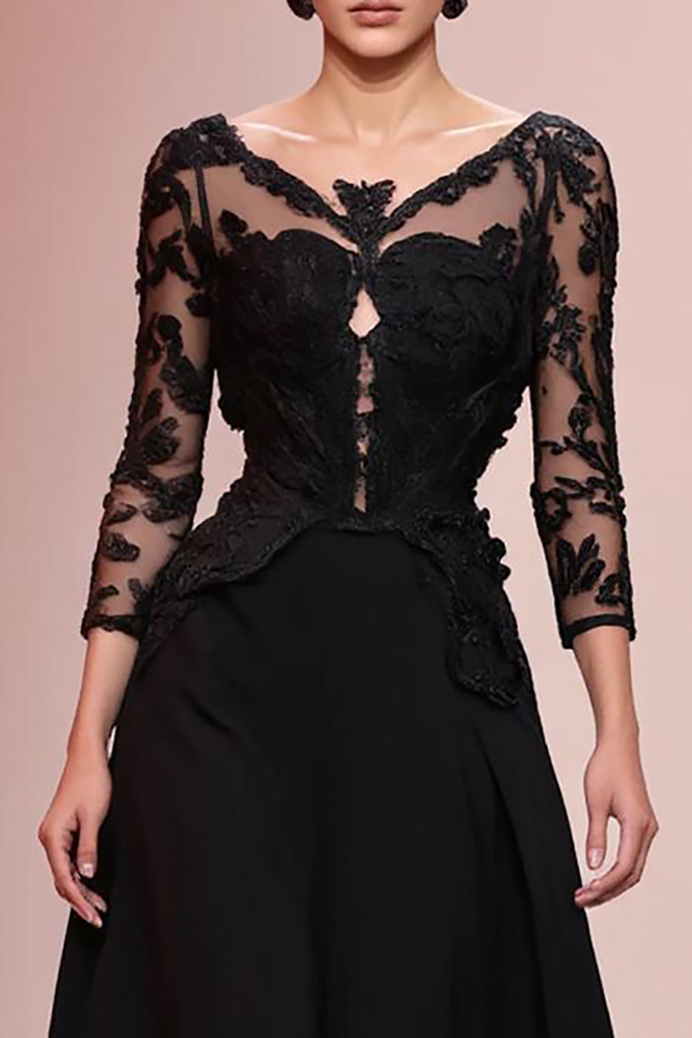 Black A Line Appliqued Long Formal Dress with Sleeves