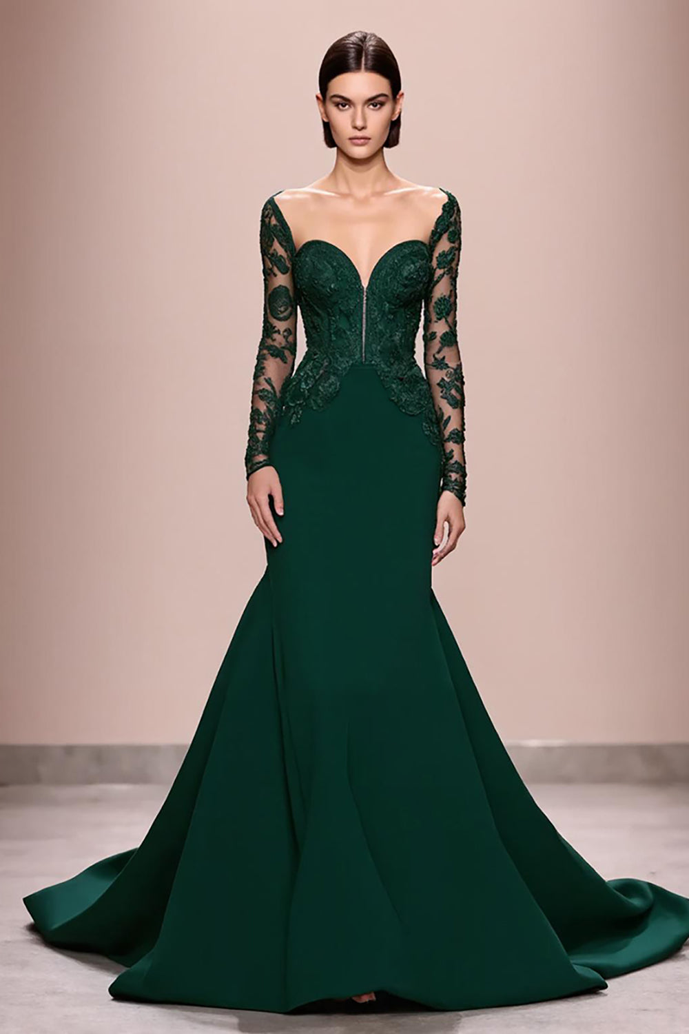 Dark Green Mermaid Lace Sleeves Long Formal Dress with Appliques