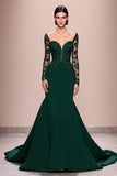 Dark Green Mermaid Lace Sleeves Long Formal Dress with Appliques