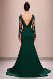 Dark Green Mermaid Lace Sleeves Long Formal Dress with Appliques