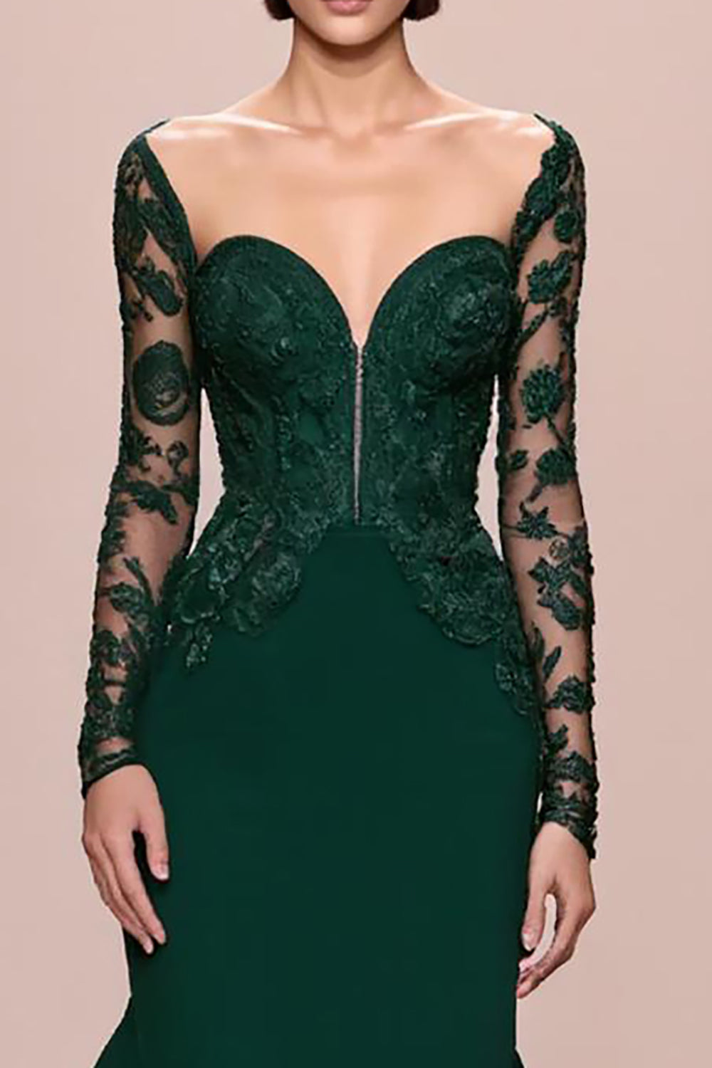 Dark Green Mermaid Lace Sleeves Long Formal Dress with Appliques