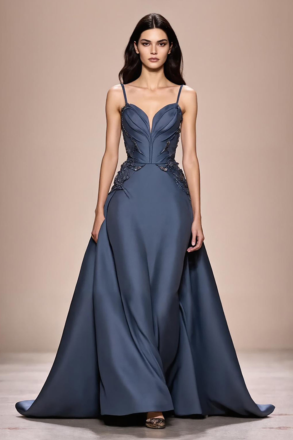 Grey Blue A Line Satin Spaghetti Straps Long Formal Dress with Appliques