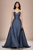 Grey Blue A Line Satin Spaghetti Straps Long Formal Dress with Appliques