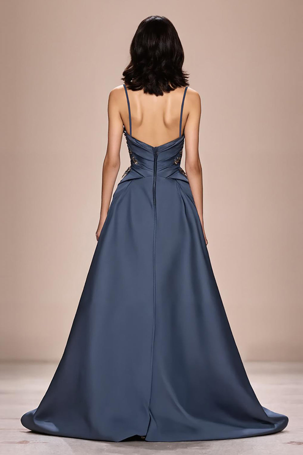 Grey Blue A Line Satin Spaghetti Straps Long Formal Dress with Appliques
