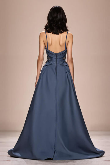 Grey Blue A Line Satin Spaghetti Straps Long Formal Dress with Appliques