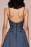 Grey Blue A Line Satin Spaghetti Straps Long Formal Dress with Appliques