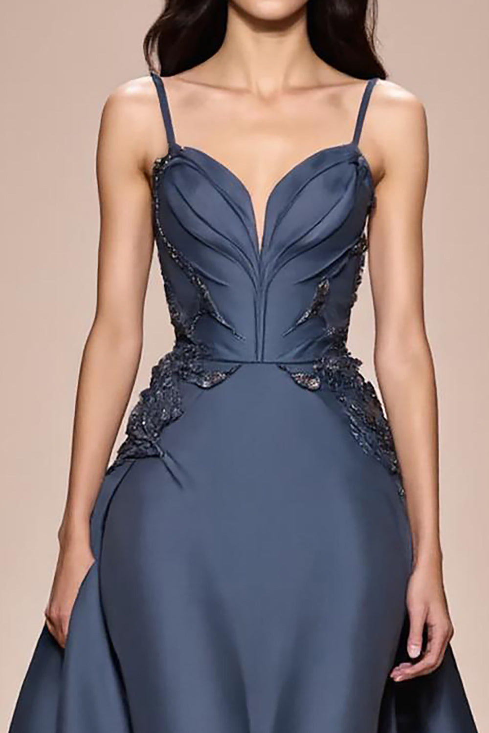 Grey Blue A Line Satin Spaghetti Straps Long Formal Dress with Appliques