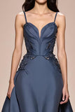 Grey Blue A Line Satin Spaghetti Straps Long Formal Dress with Appliques