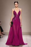 Plum A Line Appliqued Spaghetti Straps Long Formal Dress