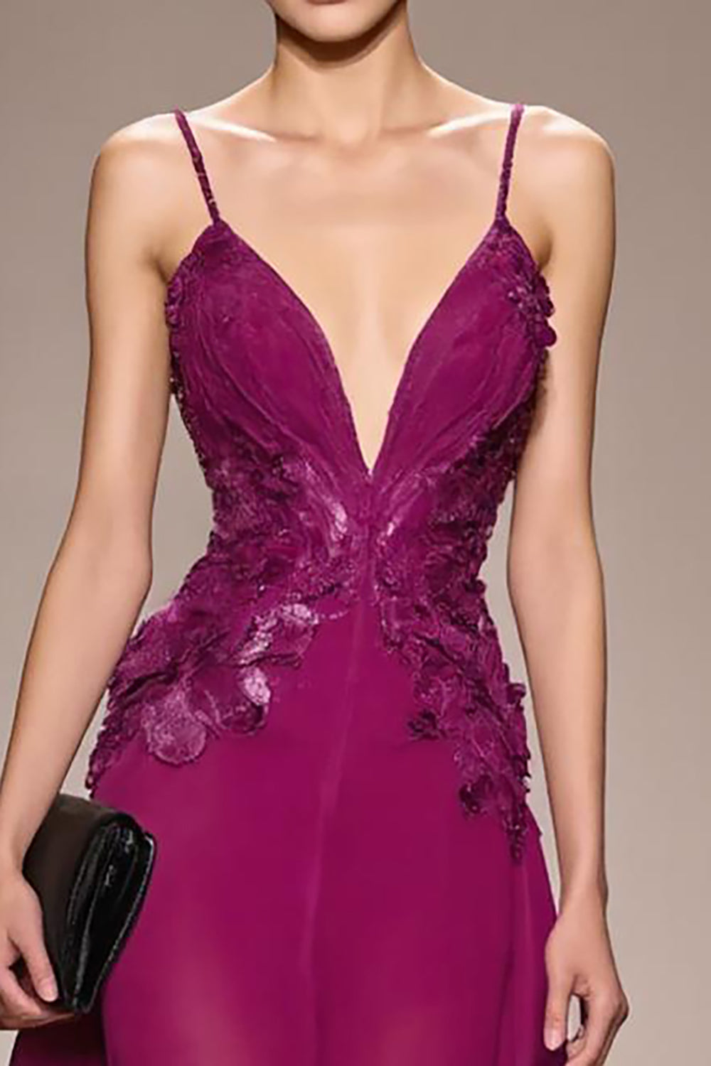 Plum A Line Appliqued Spaghetti Straps Long Formal Dress
