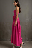 Fuchsia A Line Ruched Cottton Strapless Evening Dress
