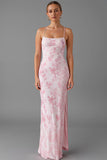 Light Pink Spaghetti Straps Sheath Floral Long Formal Dress with Slit