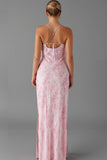 Light Pink Spaghetti Straps Sheath Floral Long Formal Dress with Slit