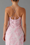 Light Pink Spaghetti Straps Sheath Floral Long Formal Dress with Slit