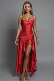 Red Sheath Spaghetti Straps High Low Formal Dress with Ruffles