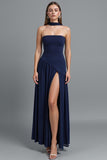 Dark Blue Strapless Sheath Long Formal Dress with Slit