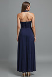 Dark Blue Strapless Sheath Long Formal Dress with Slit
