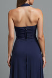 Dark Blue Strapless Sheath Long Formal Dress with Slit