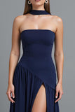 Dark Blue Strapless Sheath Long Formal Dress with Slit