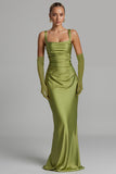 Mermaid Sage Green Satin Maxi Formal Dress with Sleeves