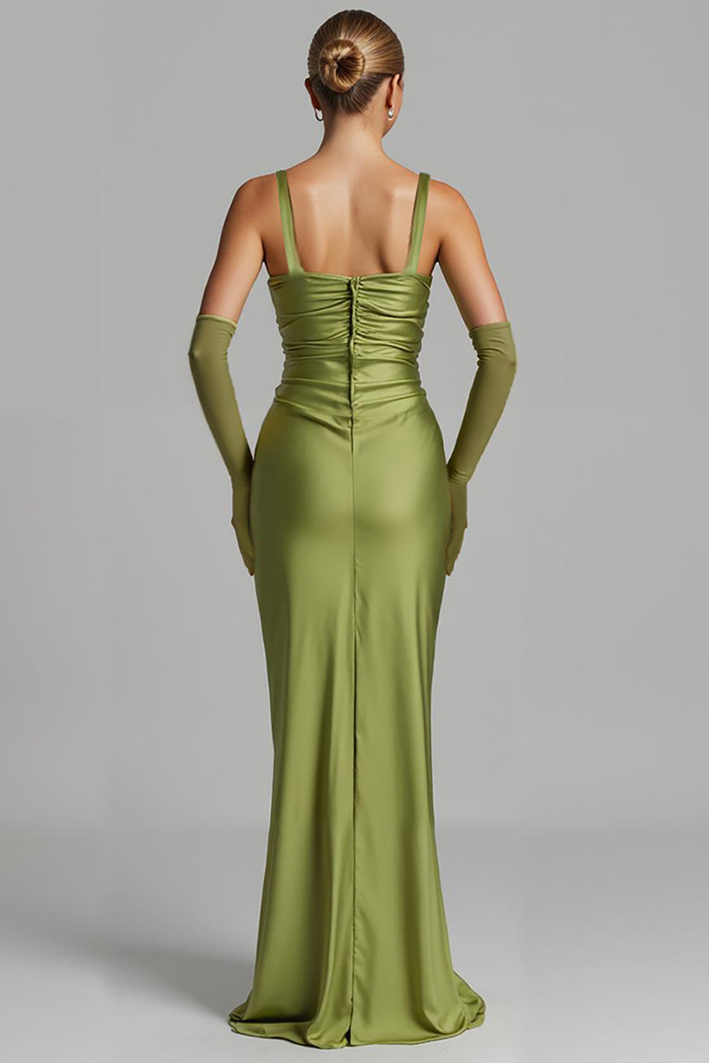 Mermaid Sage Green Satin Maxi Formal Dress with Sleeves