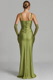 Mermaid Sage Green Satin Maxi Formal Dress with Sleeves