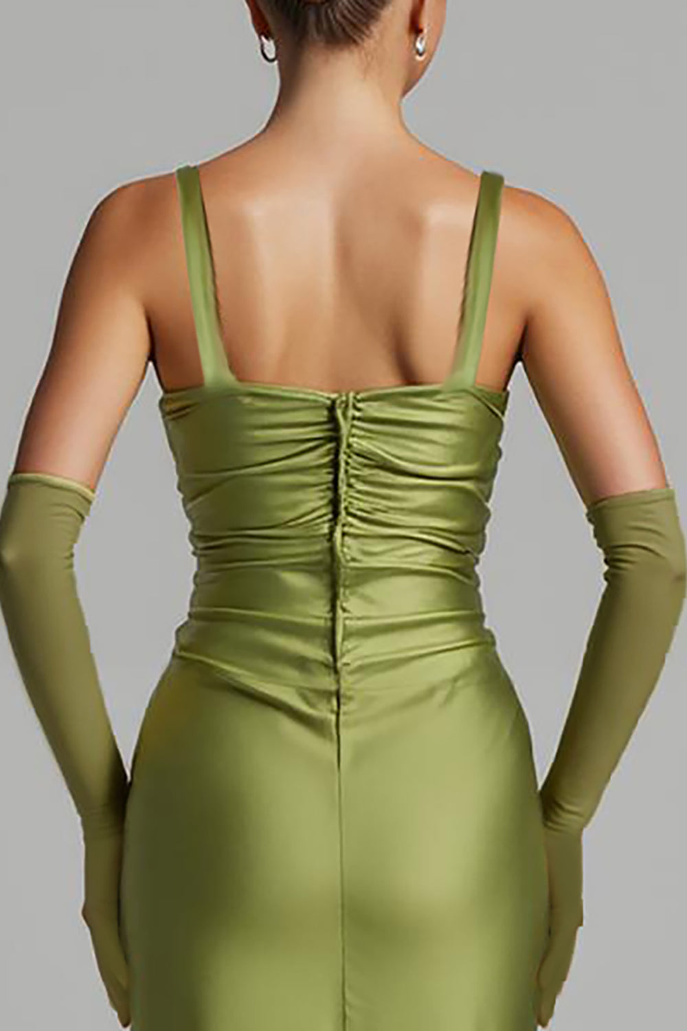 Mermaid Sage Green Satin Maxi Formal Dress with Sleeves