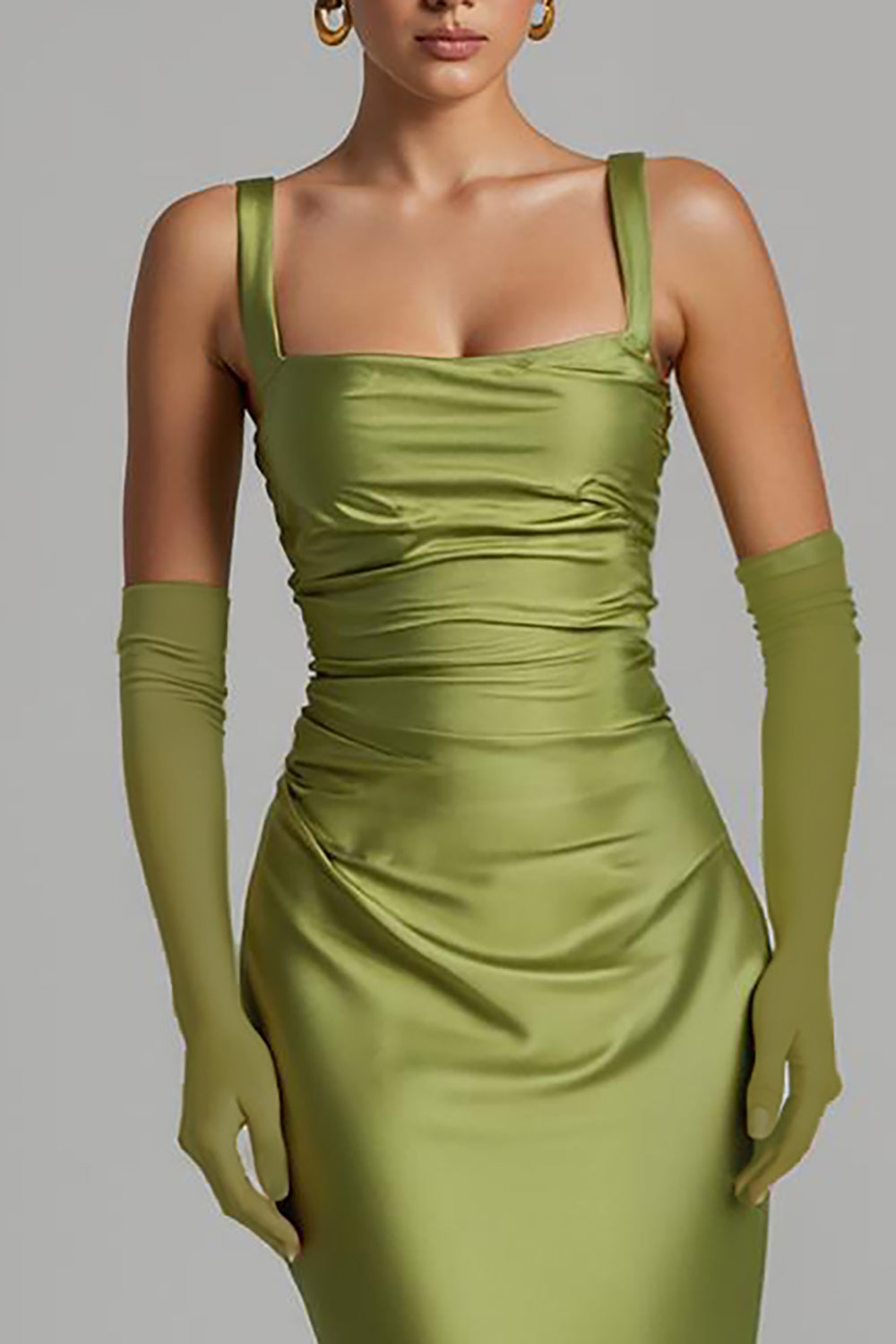 Mermaid Sage Green Satin Maxi Formal Dress with Sleeves