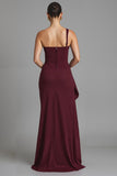 Burgundy One Shoulder Sheath Long Formal Dress with Slit