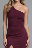 Burgundy One Shoulder Sheath Long Formal Dress with Slit