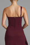 Burgundy One Shoulder Sheath Long Formal Dress with Slit