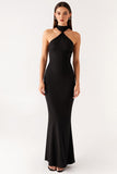 Halter Mermaid Bodycon Long Black Tie Dress