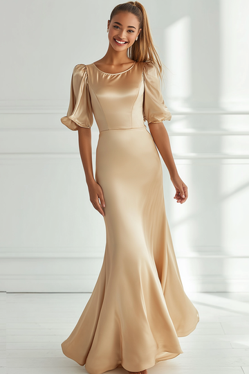 Champagne Satin Mermaid Long Formal Dress with Sleeves