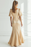Champagne Satin Mermaid Long Formal Dress with Sleeves