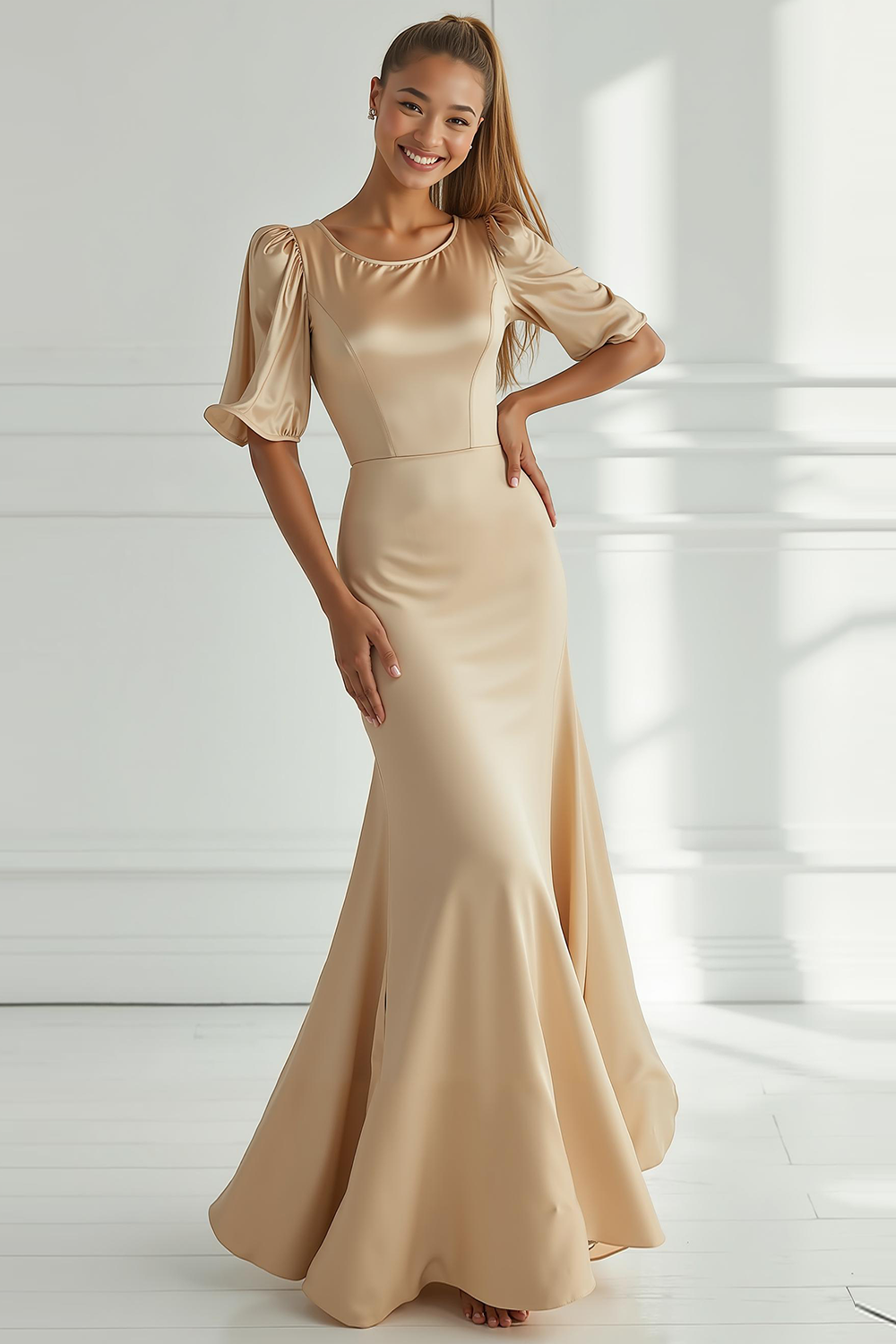 Champagne Satin Mermaid Long Formal Dress with Sleeves