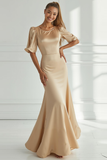 Champagne Satin Mermaid Long Formal Dress with Sleeves
